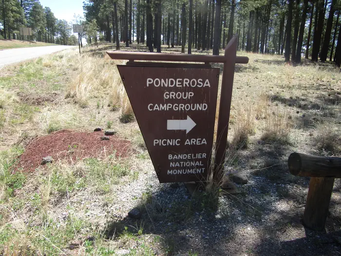 Ponderosa Group Campground (NM) — Brown sign for Ponderosa Group Campground with a road and pine trees in the background
