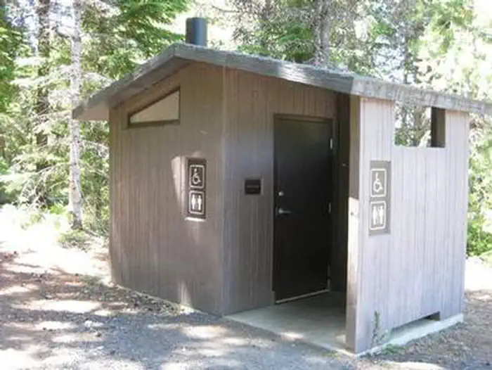 Oak Fork Campground (Timothy Lake, OR) — Vault toilet at Oak Fork