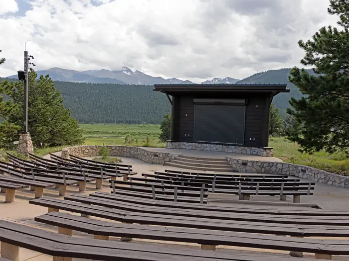Rocky Mountain National Park Moraine Park Campground — Moraine Park Amphitheater with Longs Peak in the background