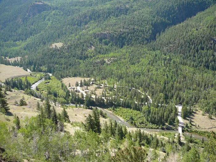 Mill Creek Campground (CO) — Aerial view of Mill Creek campground loop and Lake Fork.