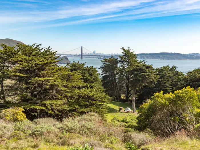 BICENTENNIAL CAMPGROUND — View of Golden Gate Bridge from above Bicentennial Campground.