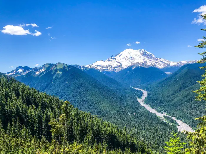White River Campground — A Panoramic View of the White River Valley High Above the Campground with Mount Rainier in the Distance