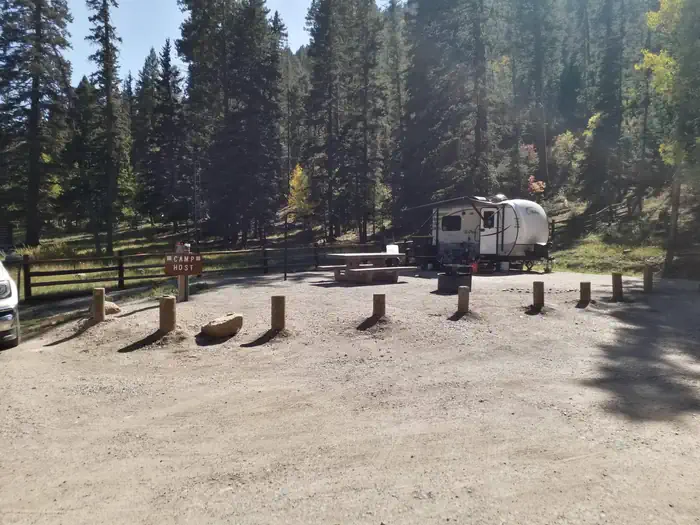Panchuela — A camper occupies the host site at Panchulea with pines in the background.