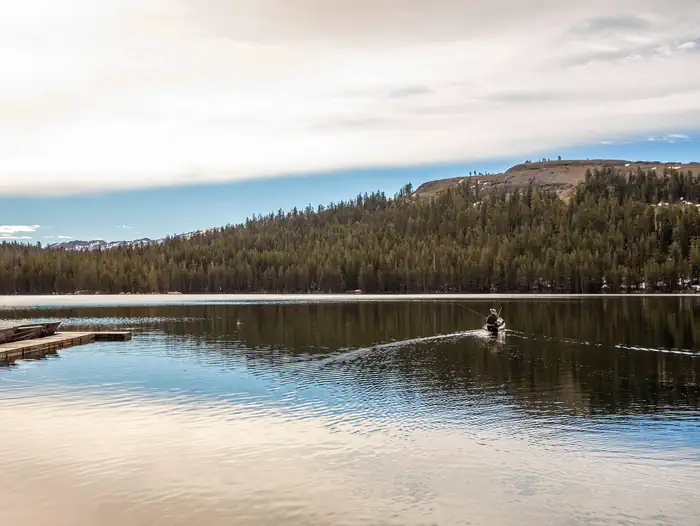 (Lake Alpine) Pine Marten — Kayak fisherman on Lake Alpine