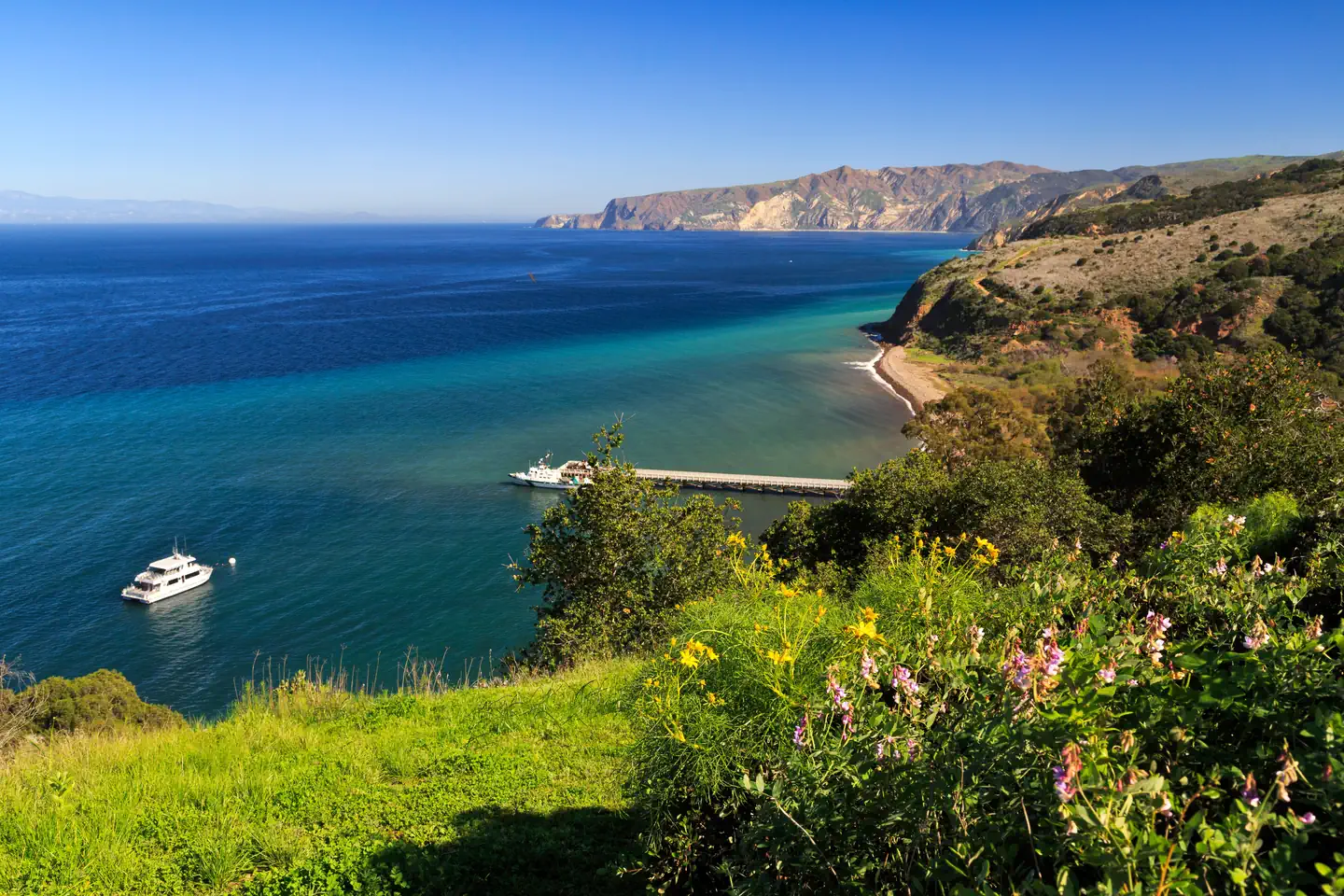 SANTA CRUZ DEL NORTE BACKCOUNTRY — View of harbor with boat and pier from grassy bluff.