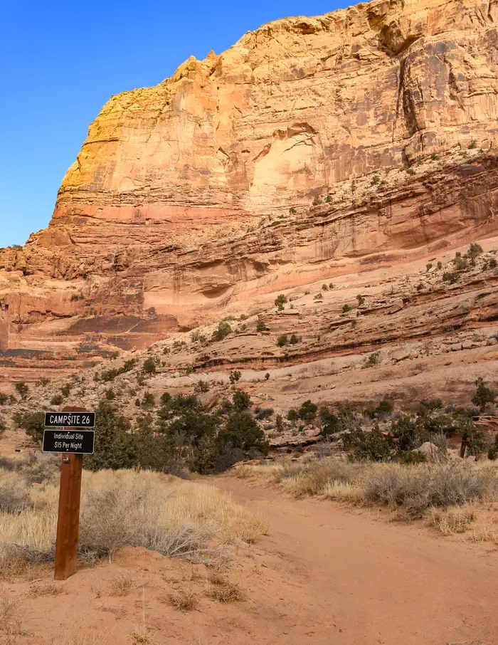 Buckhorn Draw — A dirt road with a sign for Campsite 26 leads towards the base of an orange sandstone cliff