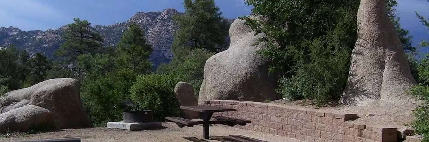 Yavapai Campground — YAVAPAI CAMPGROUND Site 18 with Granite Mountain view and rock pillars