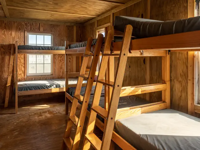 Great Island Cabin Camp — Sunlight shining on 3 bunk beds in a plywood cabin