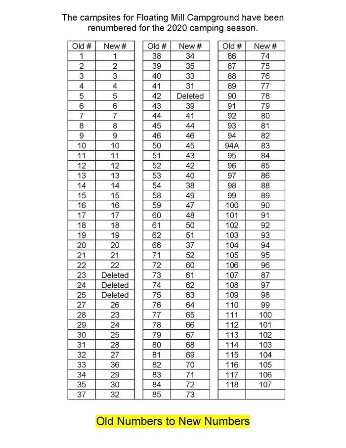 Floating Mill Park — New Campsite Numbers