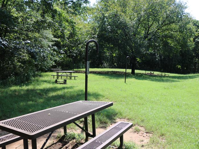 Ozark Campground — A picnic table sits on a green lawn with other picnic tables and trees in the background.