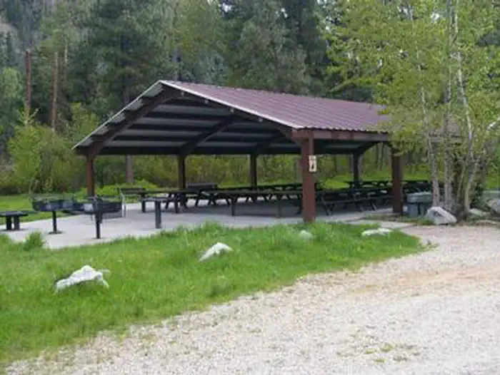 Elks Flat Campground — This is one of two large-group pavillions that can accommodate up to 100 people with picnic tables and cement site pads.