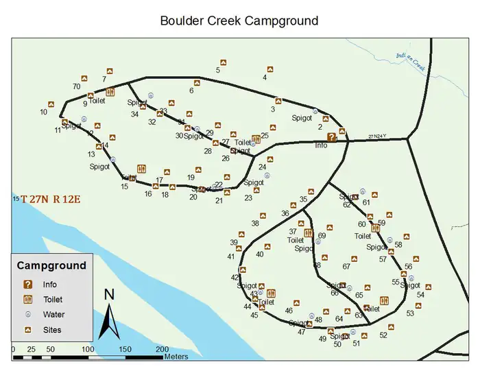 Boulder Creek (ca) — This is a map of the campground showing the layout of the sites nd other faciltiies in the campground.