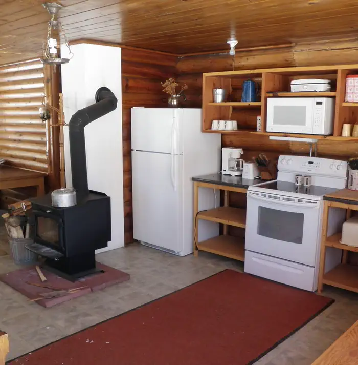 Lone Cone Cabin — Kitchen and woodstove in the Lone Cone Cabin