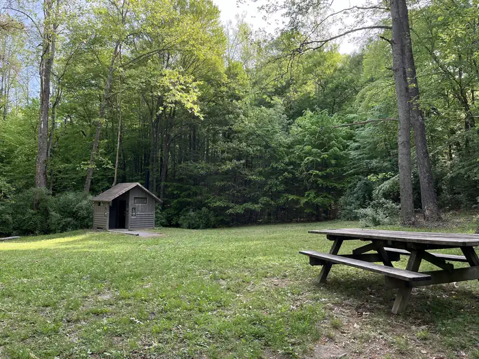 Hopper Creek Group Camp — Green grass field with a wooden picnic table on the right and an outdoor toilet on the left