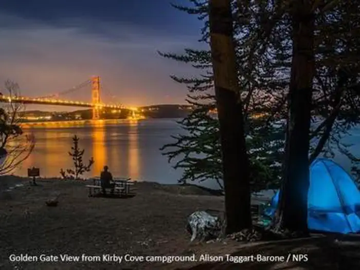 Kirby Cove Campground — Kirby Cove at night, with the Golden Gate Bridge lit up across the bay.