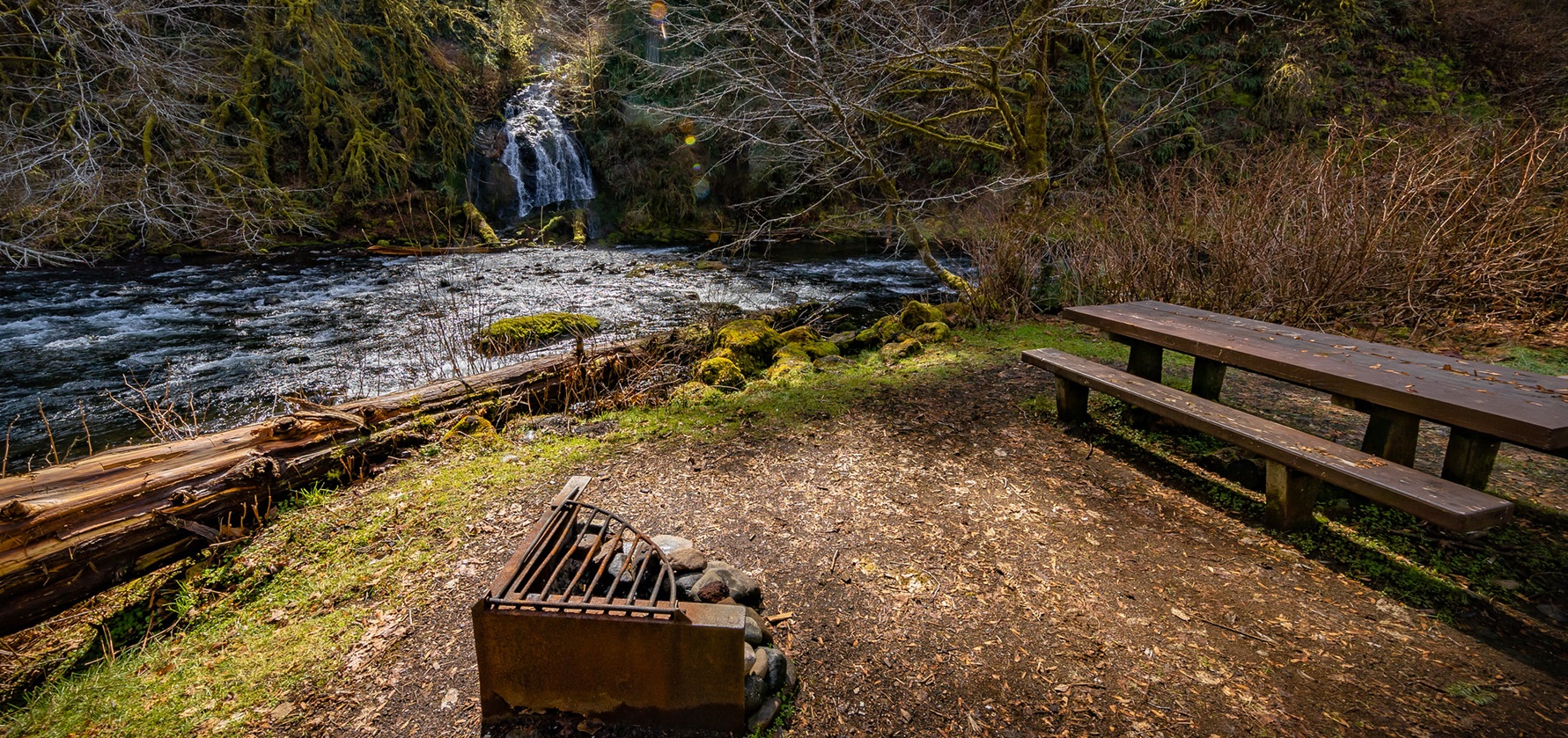 Nestucca River Recreation Area — Late-winter view of Alder Glen Falls from a campsite at the Alder Glen Recreation Site on the Nestucca Wild and Scenic River