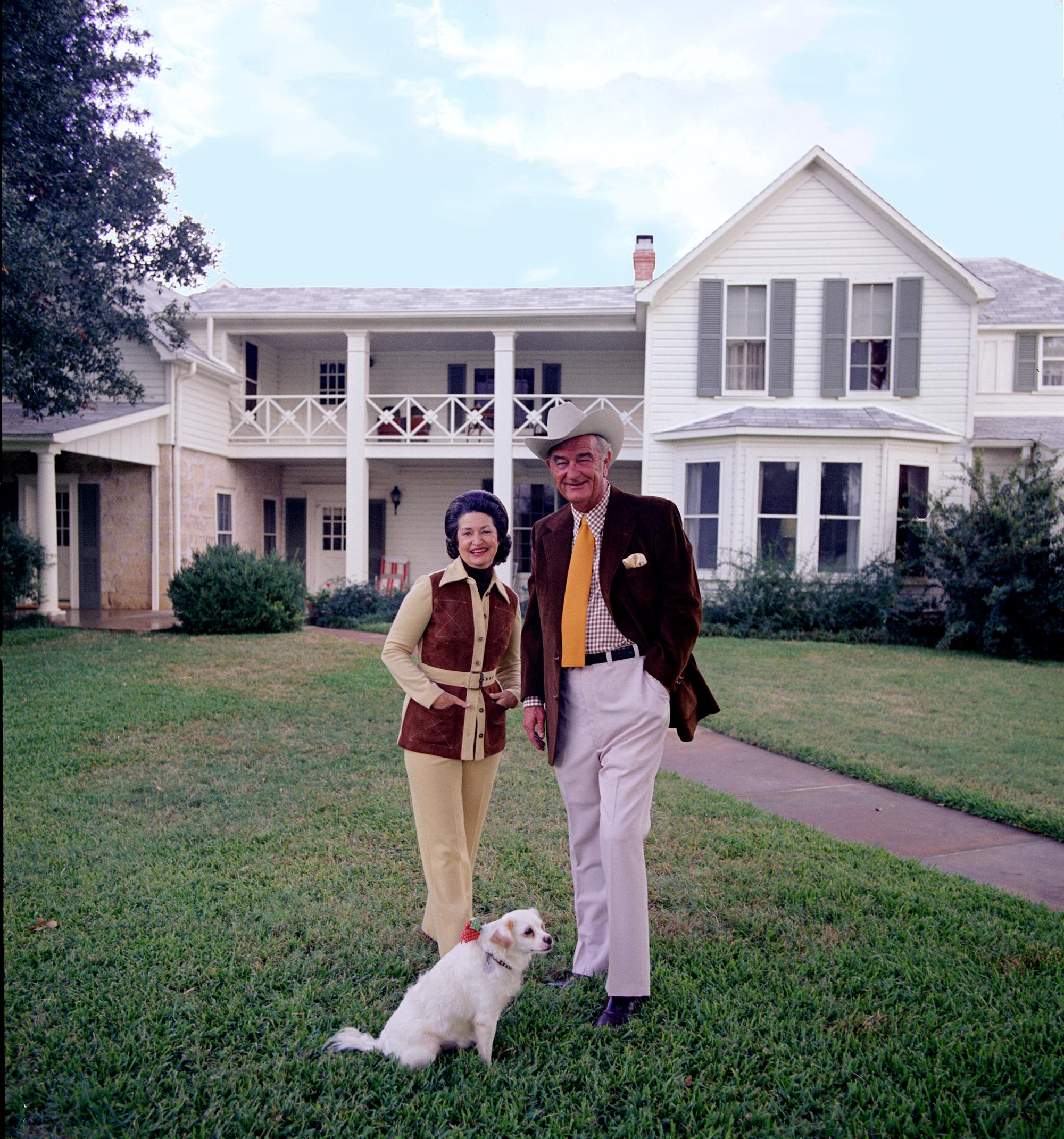 Lyndon B Johnson National Historical Park — President and Mrs. Johnson with Yuki in front of the Texas White House