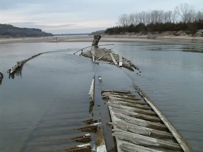 Missouri National Recreational River — Remains of a sunken steamboat in Missouri River.