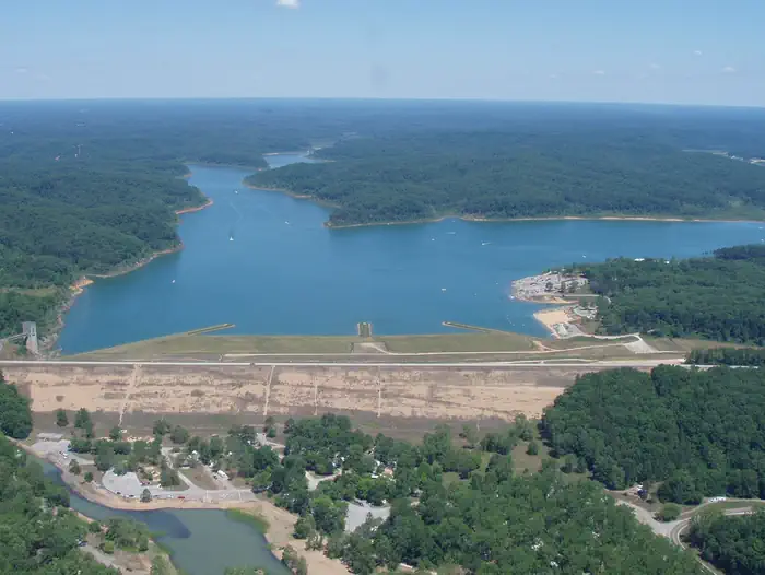 Clearwater Lake — aerial view of dam and lake