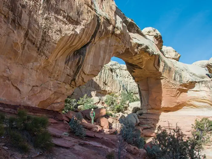 Capitol Reef National Park — A hiker looks upon a light brown rock formation. The formation forms a wall, with a big hole missing in the middle. Some rock connects both sides of the wall above the hole. The sky is cloudless blue.