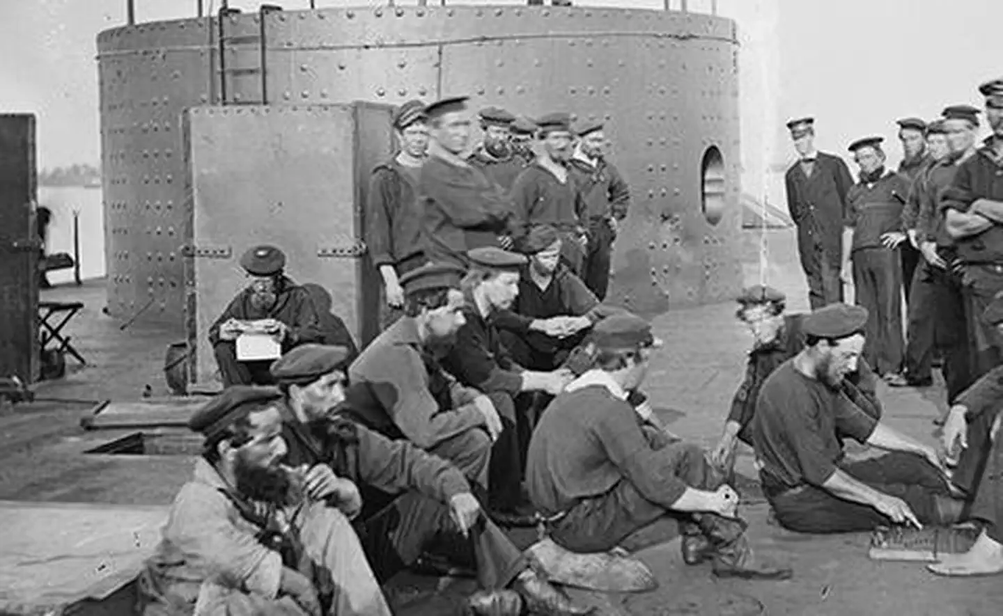 Monitor National Marine Sanctuary — Historic image of the USS Monitor crew taken July 9, 1862, while the ship was docked on the James River in Virginia. The Monitor, a Civil War ironclad, is famous for fighting the CSS Virginia in the Battle of Hampt