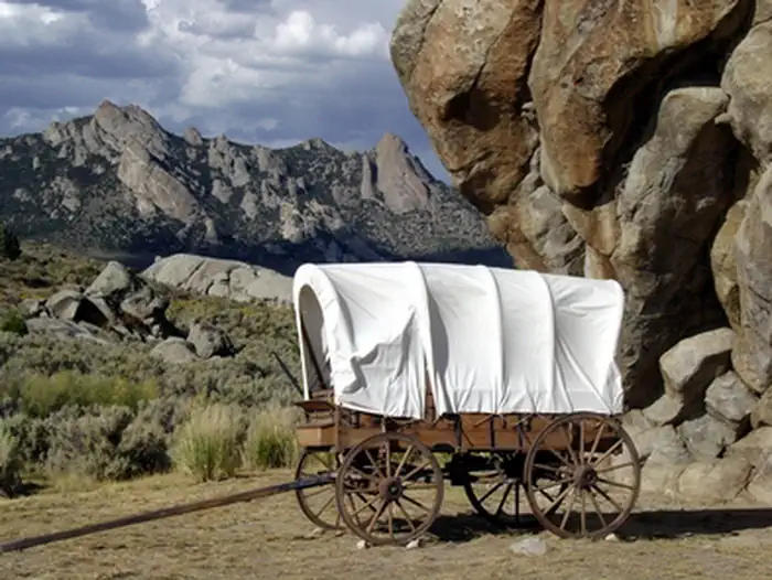California National Historic Trail — Wagon at Register Rock in City of Rocks National Reserve