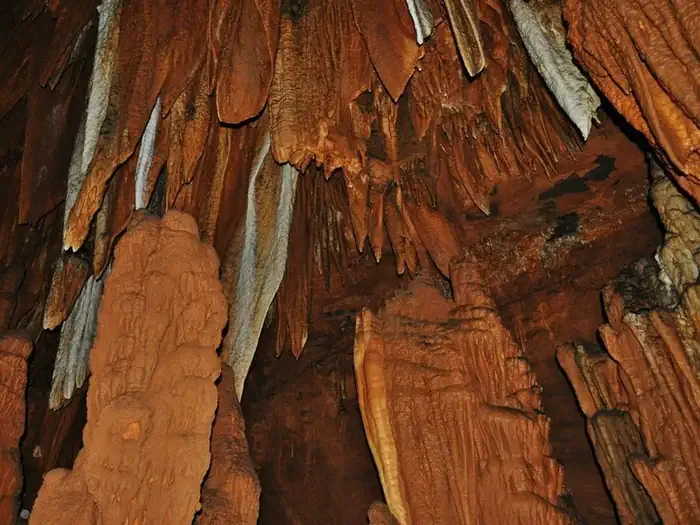 Round Spring Campground - Ozark National Scenic Riverways: Copper-colored stalactites hang from the ceiling of Big Spring Cave