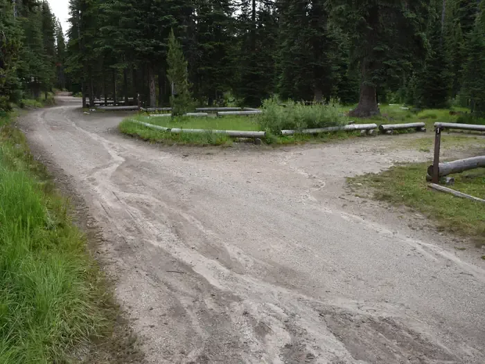 Payette National Forest Jeanette Campground: Access road with parking areas for campsites along the right-hand side of the road.