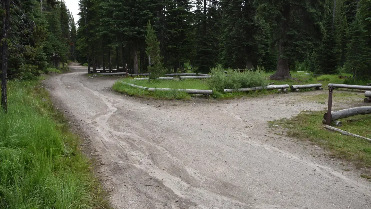 Payette National Forest Jeanette Campground: Narrow access road into Jeanette Campground with parking spurs on the right.