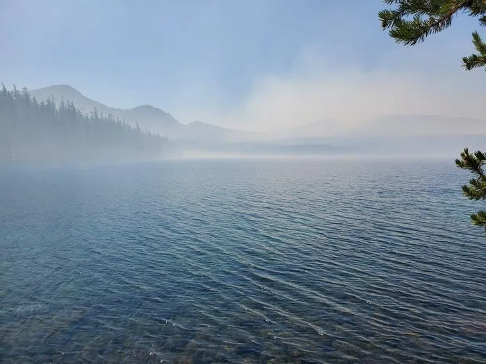 Shadow Bay: Waldo Lake, mountains and trees visible off in the distance.