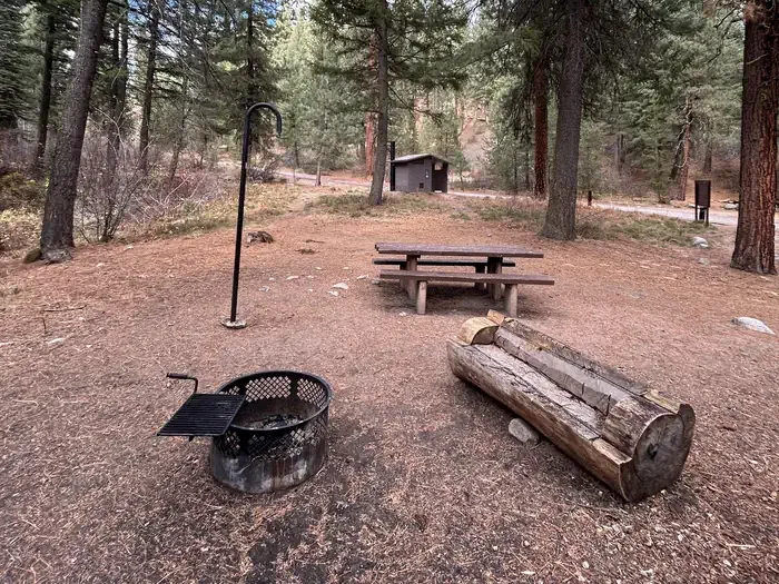 Ten Mile Campground: Campsite with fire ring, picnic table, and lantern hook.