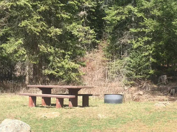 Cabin Creek Campground: Sunny campsite with picnic table and fire ring.