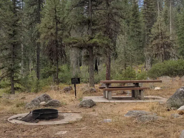 Ponderosa Campground: Ponderosa Campground site with table and fire ring