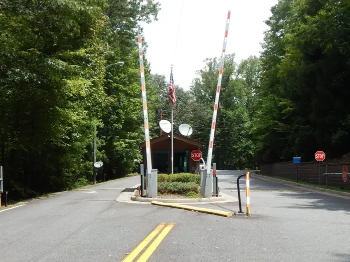 COE Philpott Lake Goose Point Park: Goose Point entrance kiosk with opening and closing gate arms.