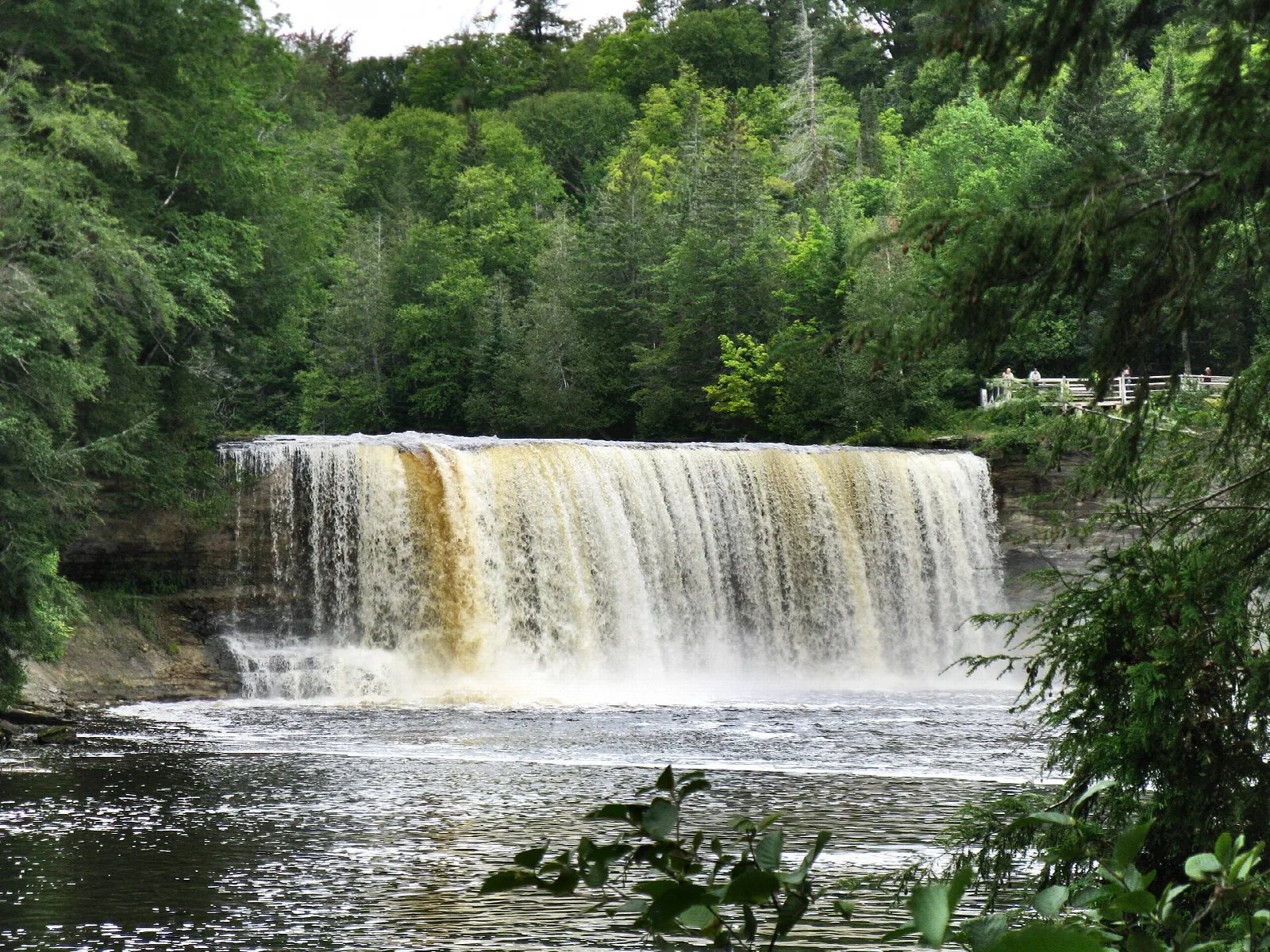 Wide waterfall across a river framed by green forest