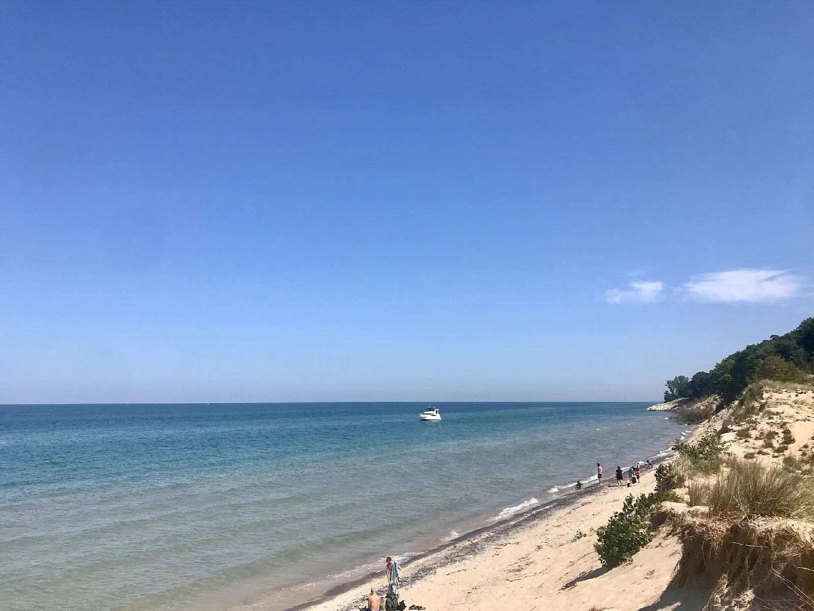 Sandy Lake Michigan shoreline with blue water and a wooded dune at right