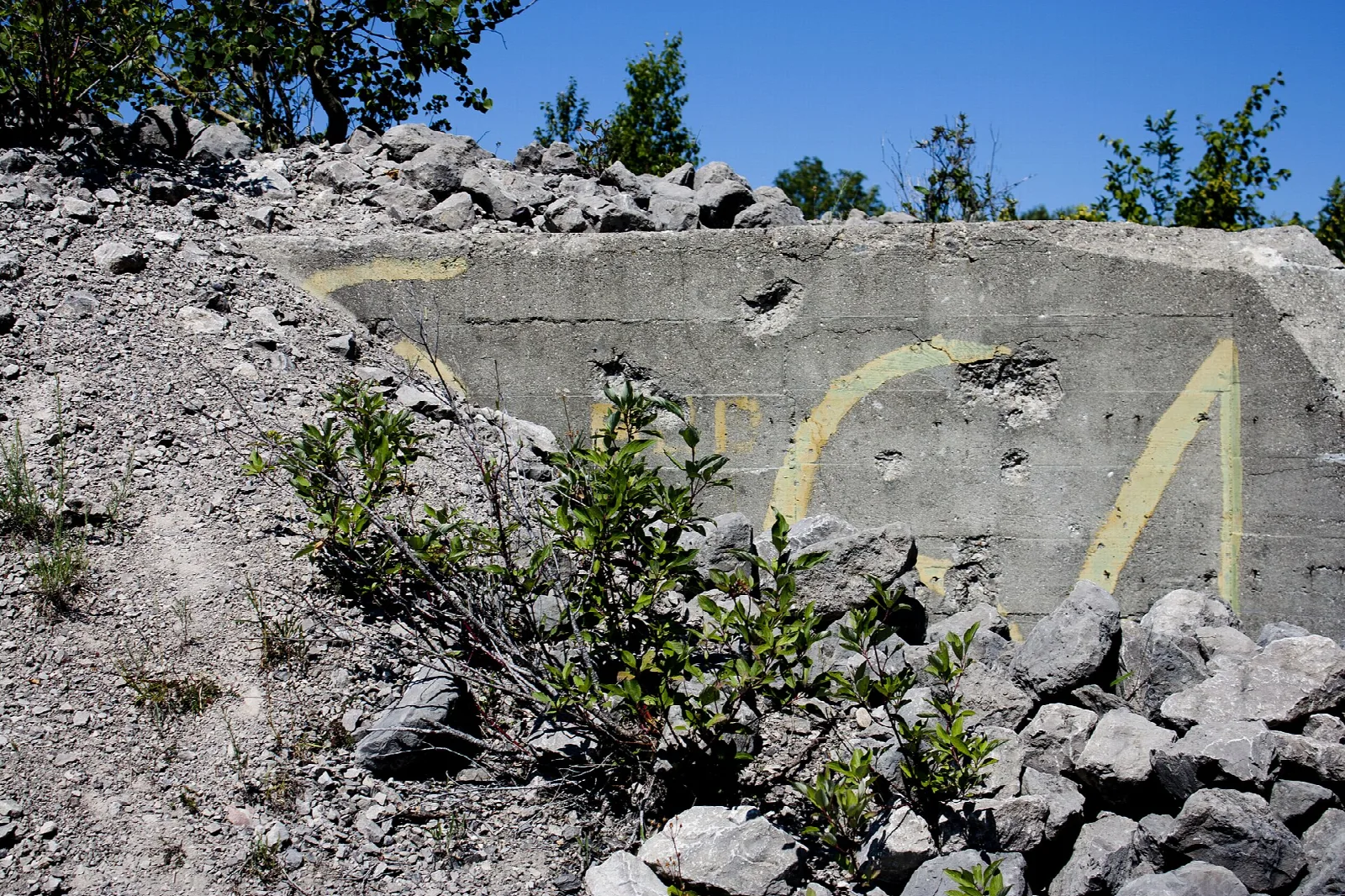 Concrete quarry ruin with painted marks, piled stone and plants