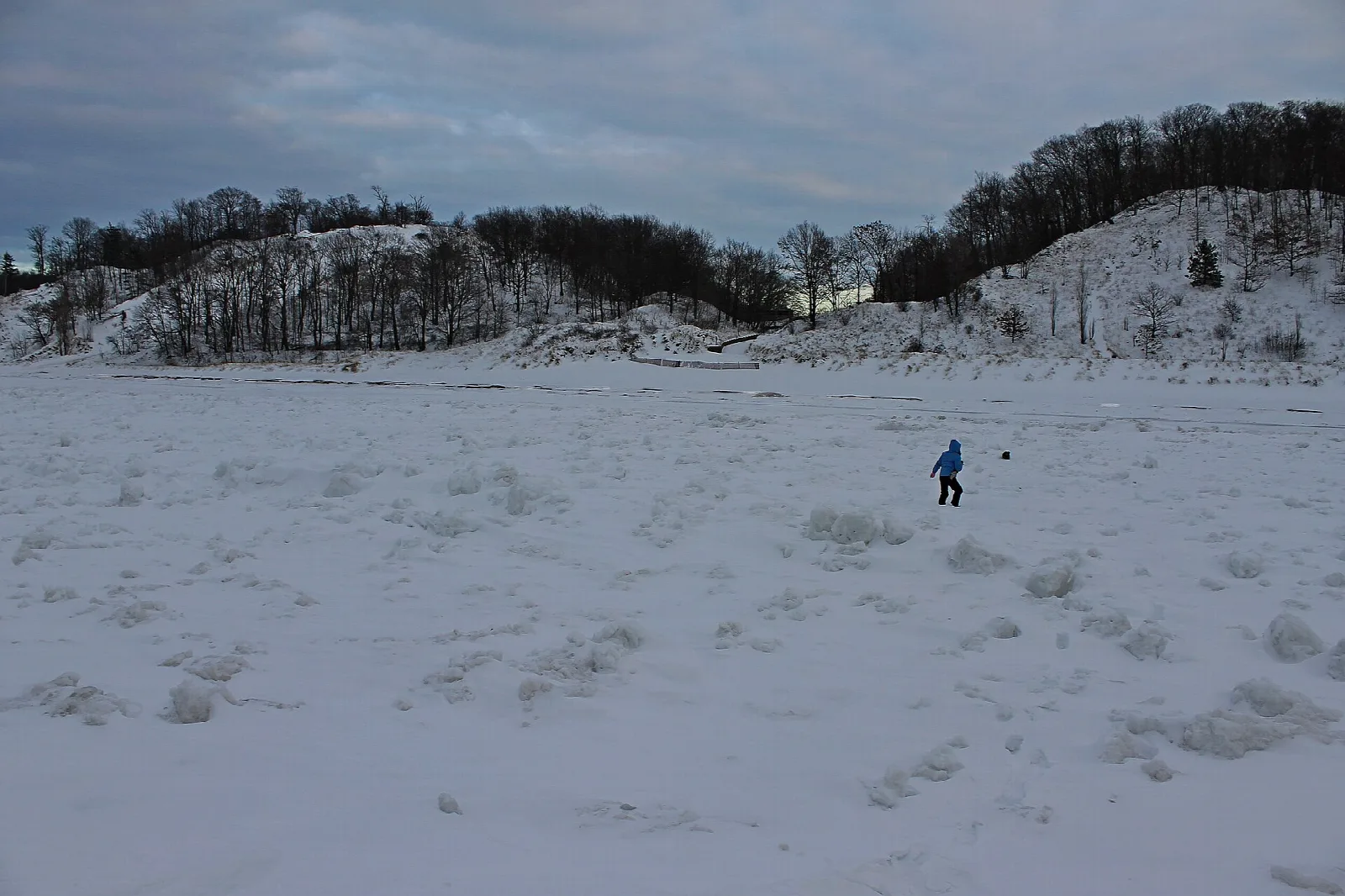 Snow-covered beach and wooded dunes under a gray sky