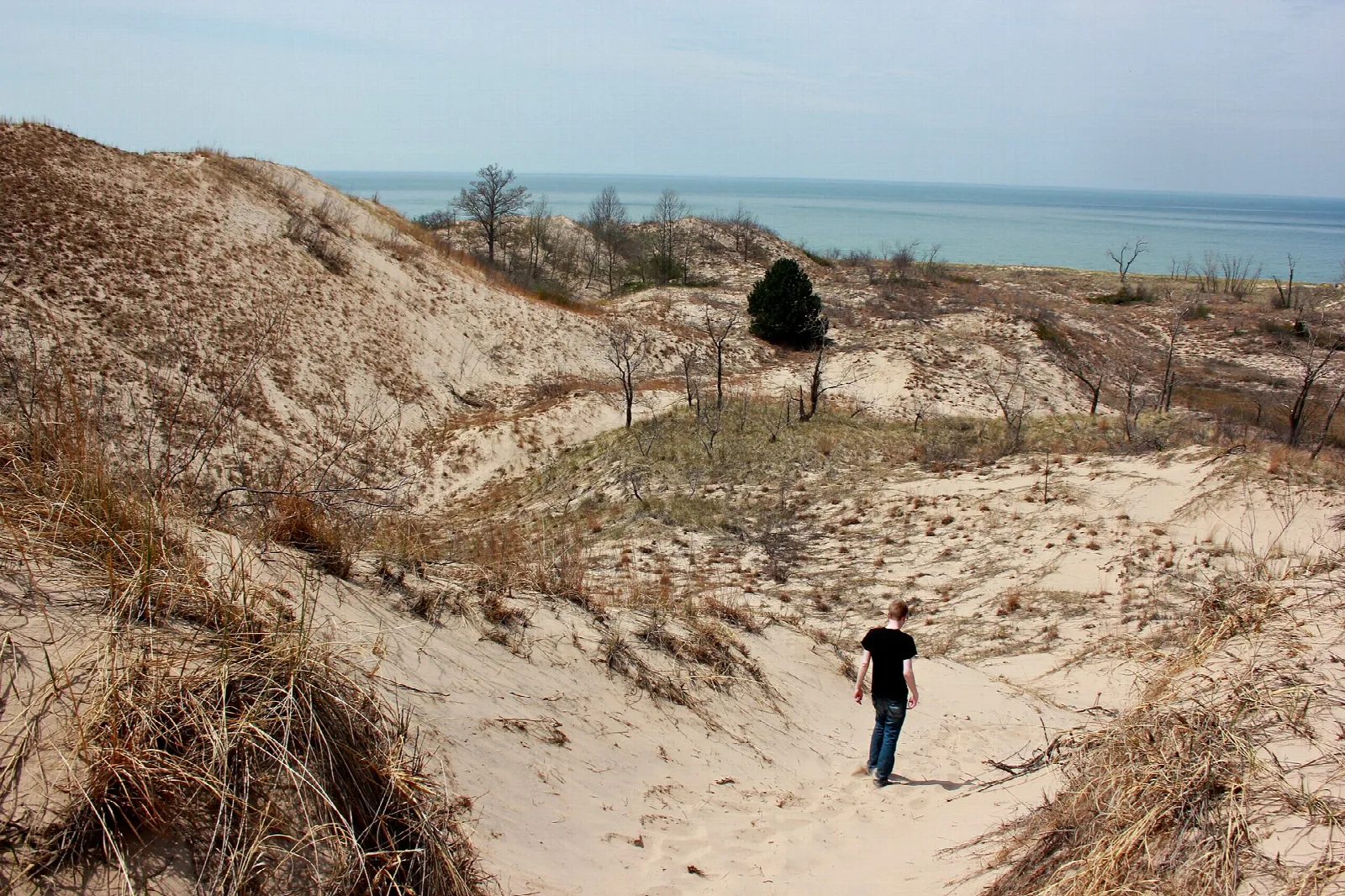 Person walking through sand dunes with the lake in the distance