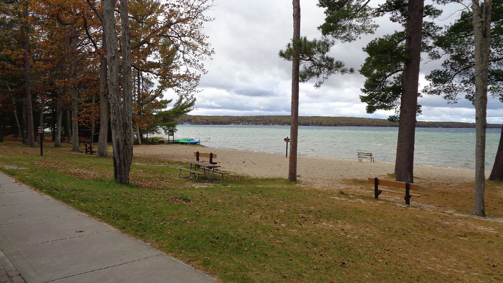 Sandy beach and walkway under tall trees beside Higgins Lake