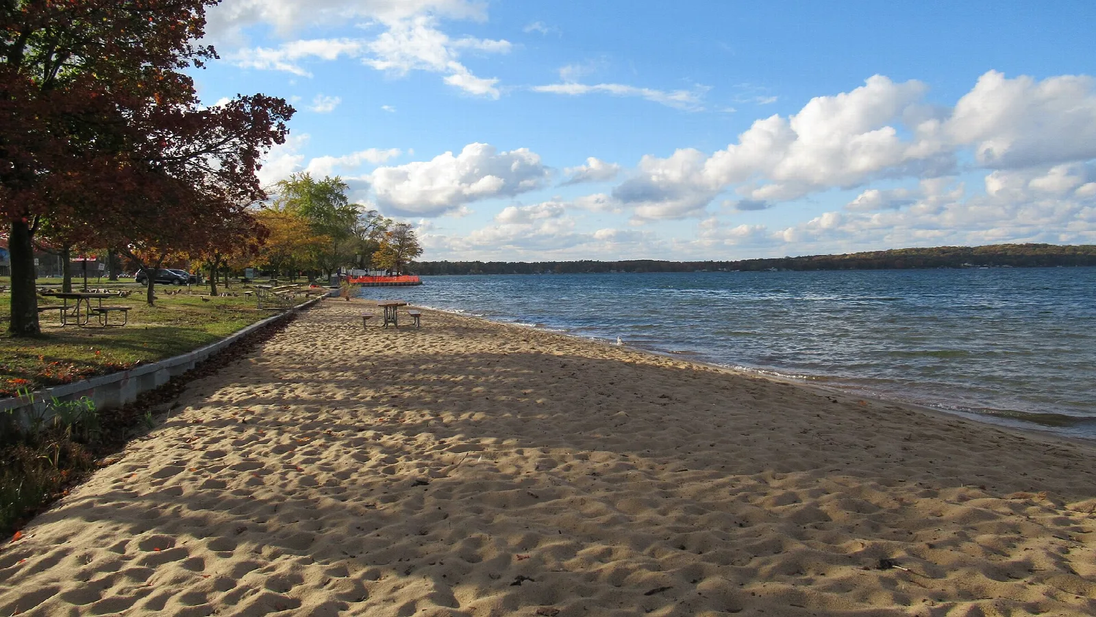 Sandy beach with calm water and fall-colored trees