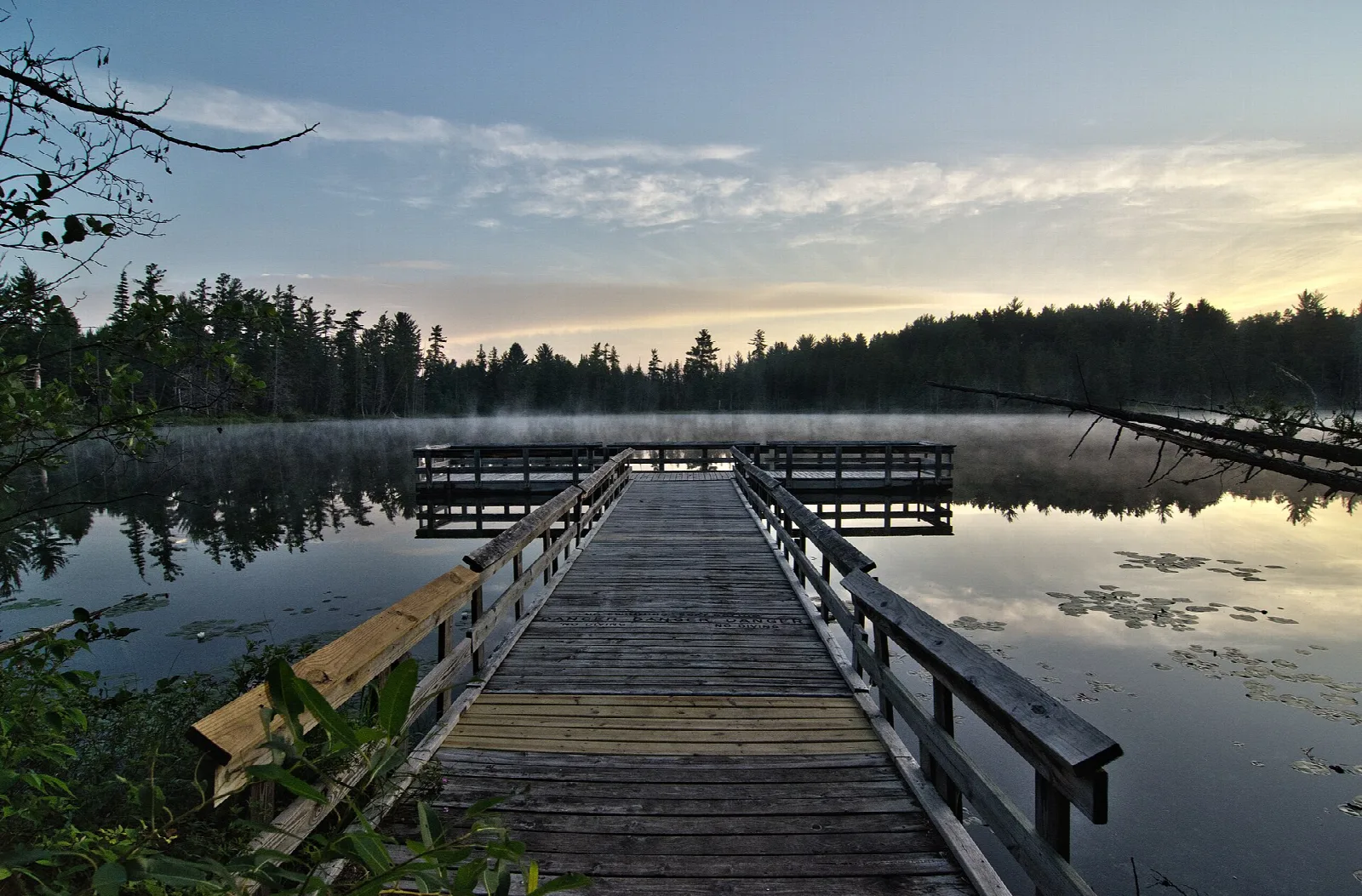 Wooden dock extending into a calm lake with lily pads at dawn