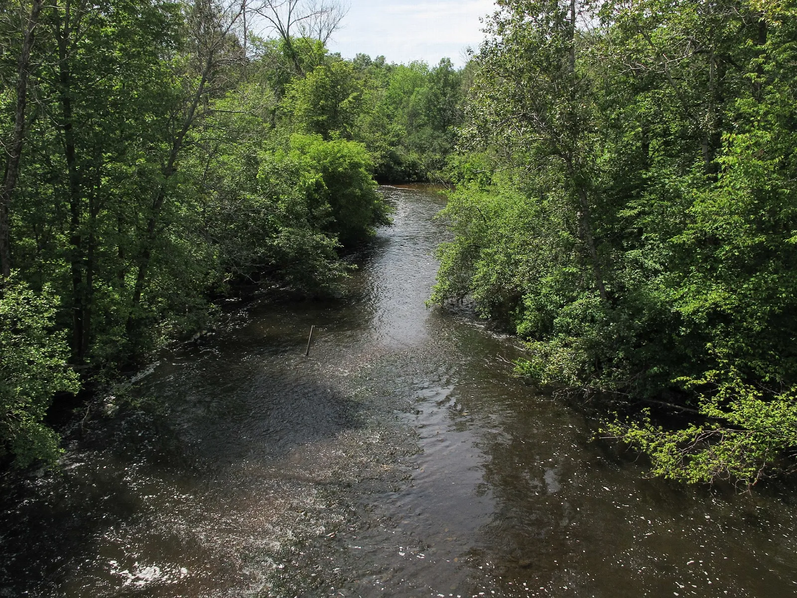 Slow river seen from a bridge between green banks