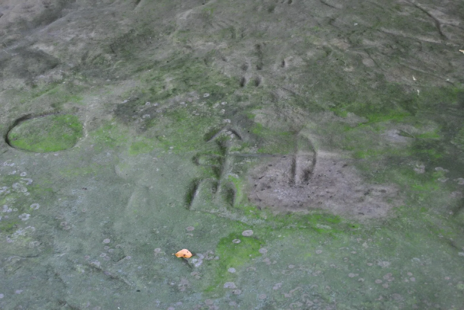 Close view of carved figures on weathered stone