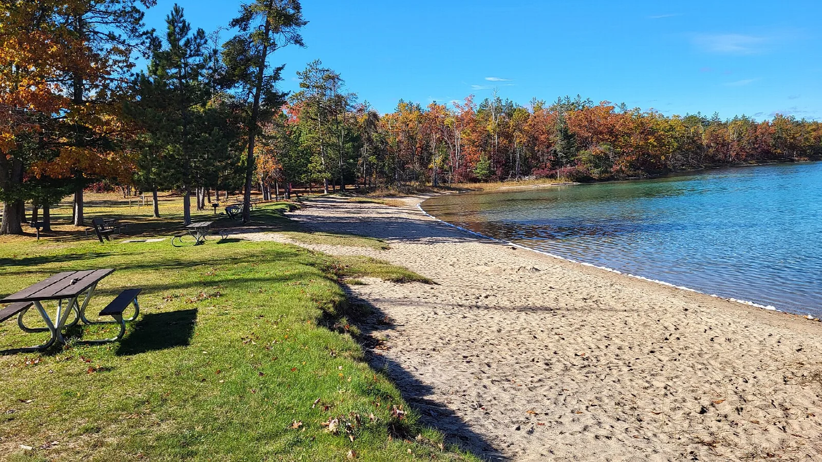 Sandy beach with a picnic table and autumn trees around a blue lake