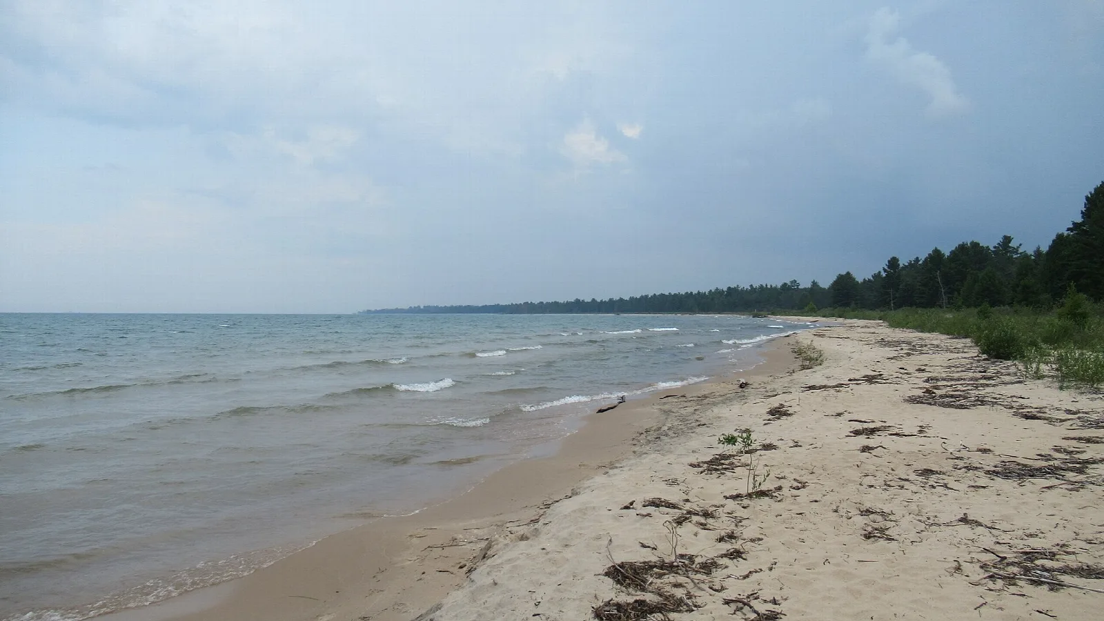 Sandy beach and gentle waves on a gray-blue lake