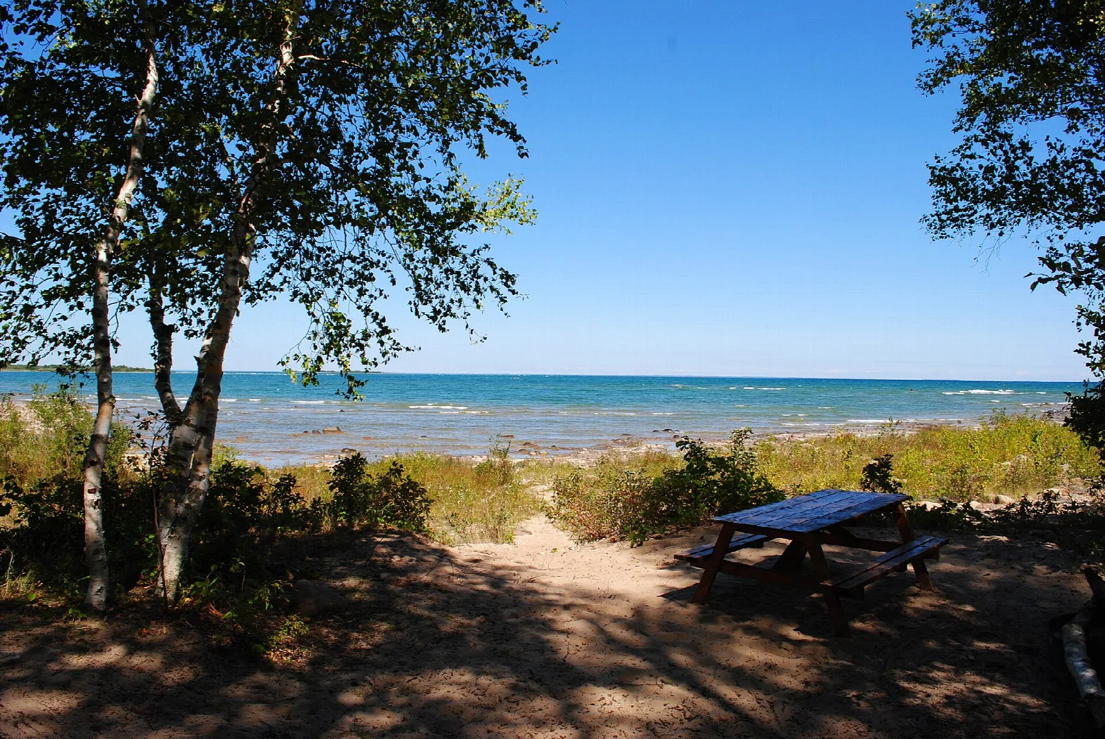 Picnic table in shade by the lake with a bright blue horizon