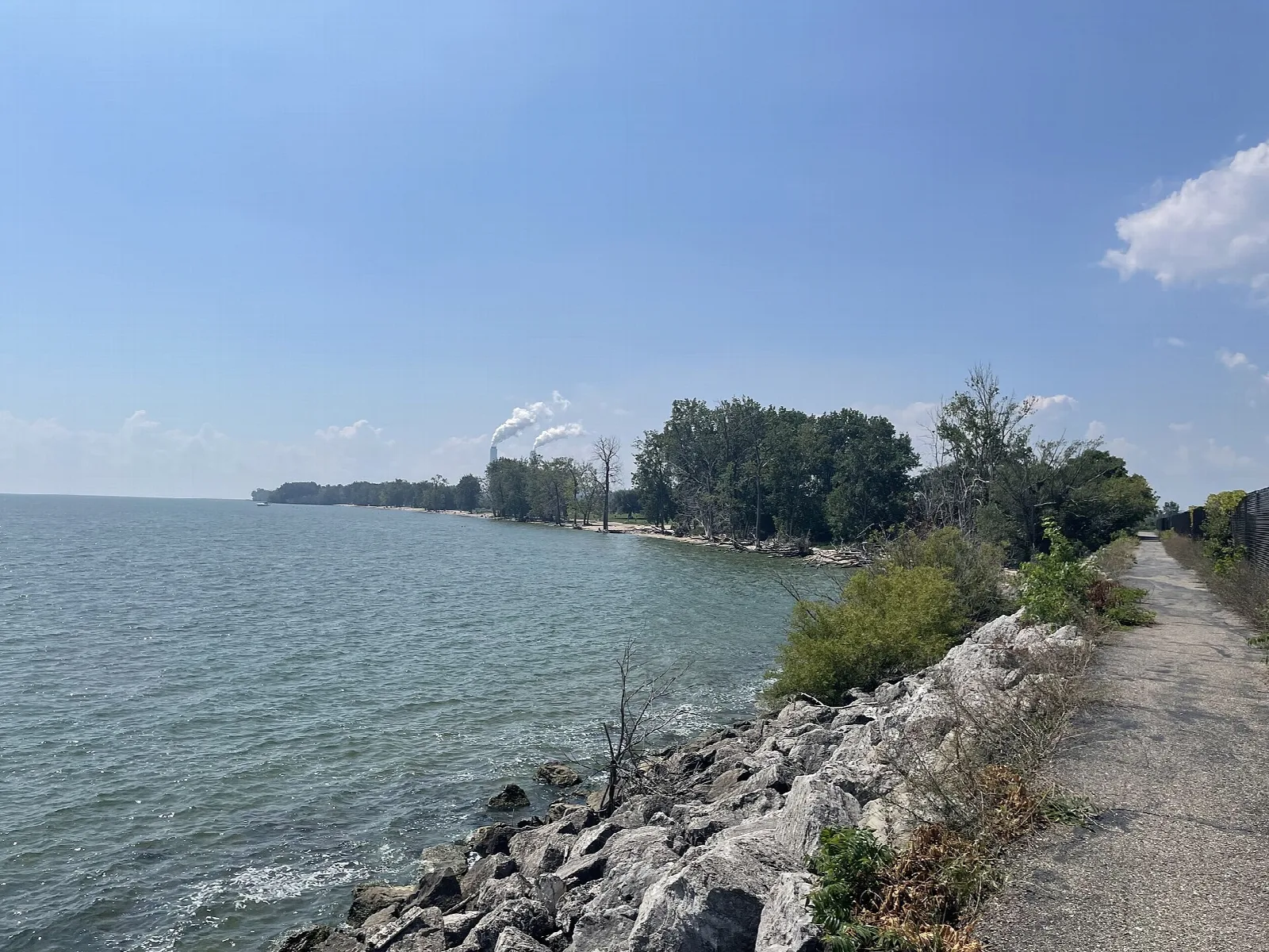 Stone breakwater and path along the Lake Erie shore