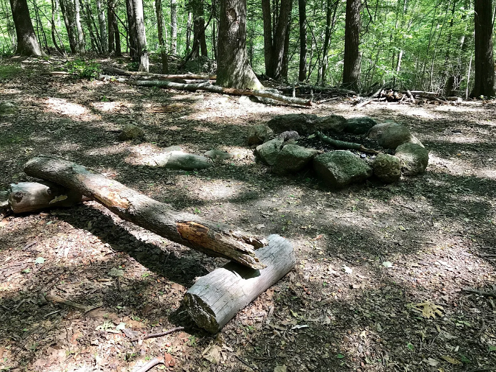 A rock campfire ring with a log bench in the woods