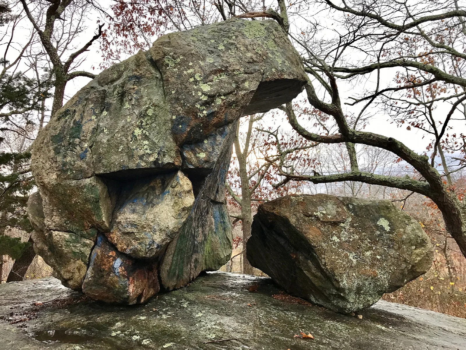 Large balanced rock on a ledge among bare trees